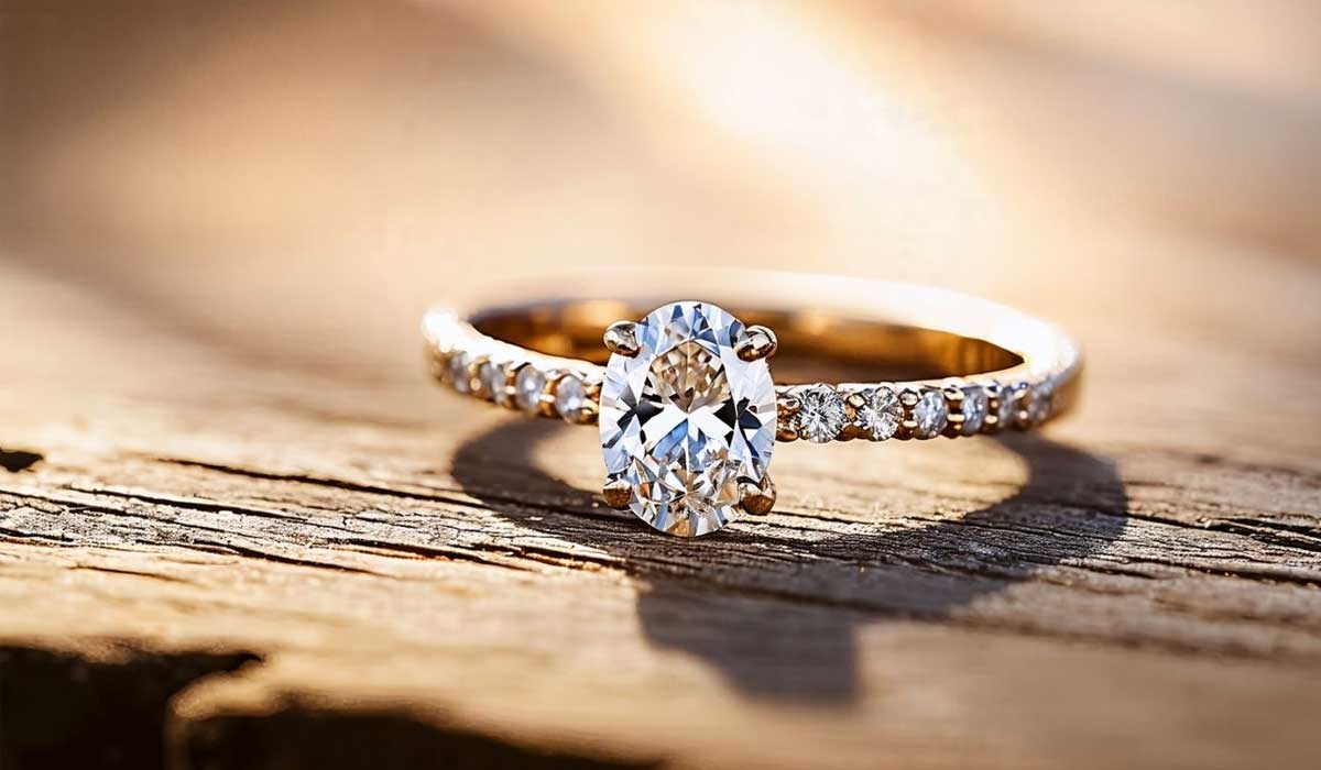 A gold ring with a large oval diamond center stone and smaller diamonds on the band rests on a wooden surface in natural light.