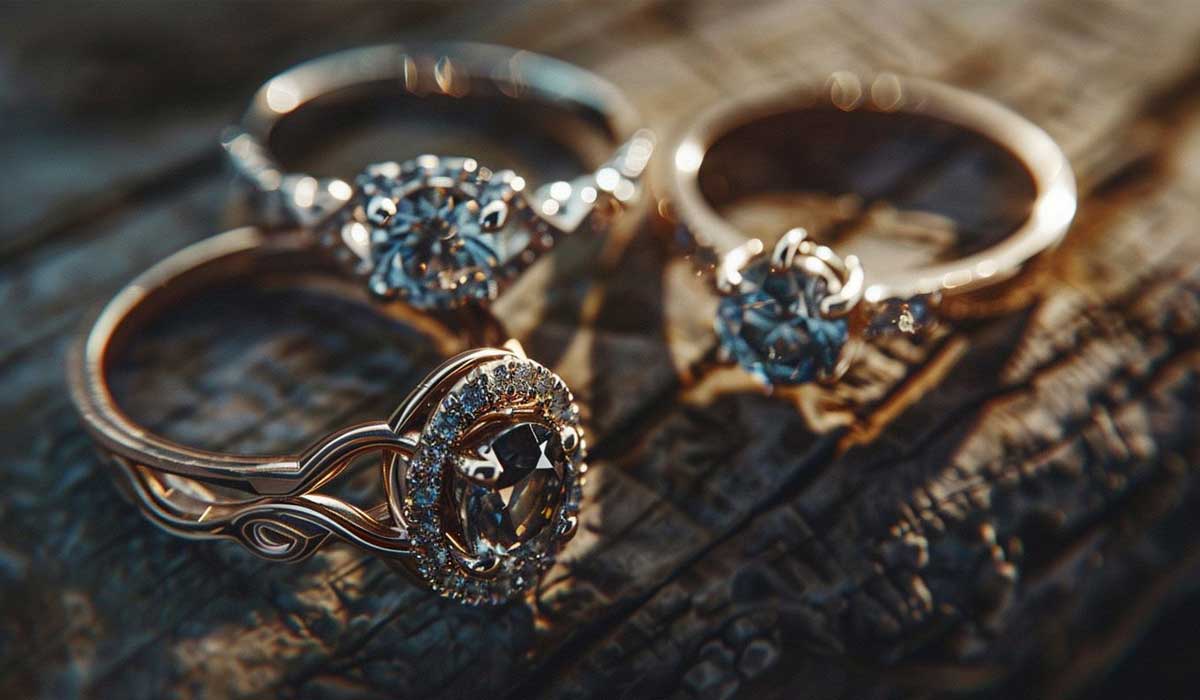 Three diamond rings with gold bands rest on a textured wooden surface, each featuring a distinct setting and sparkling gemstone.