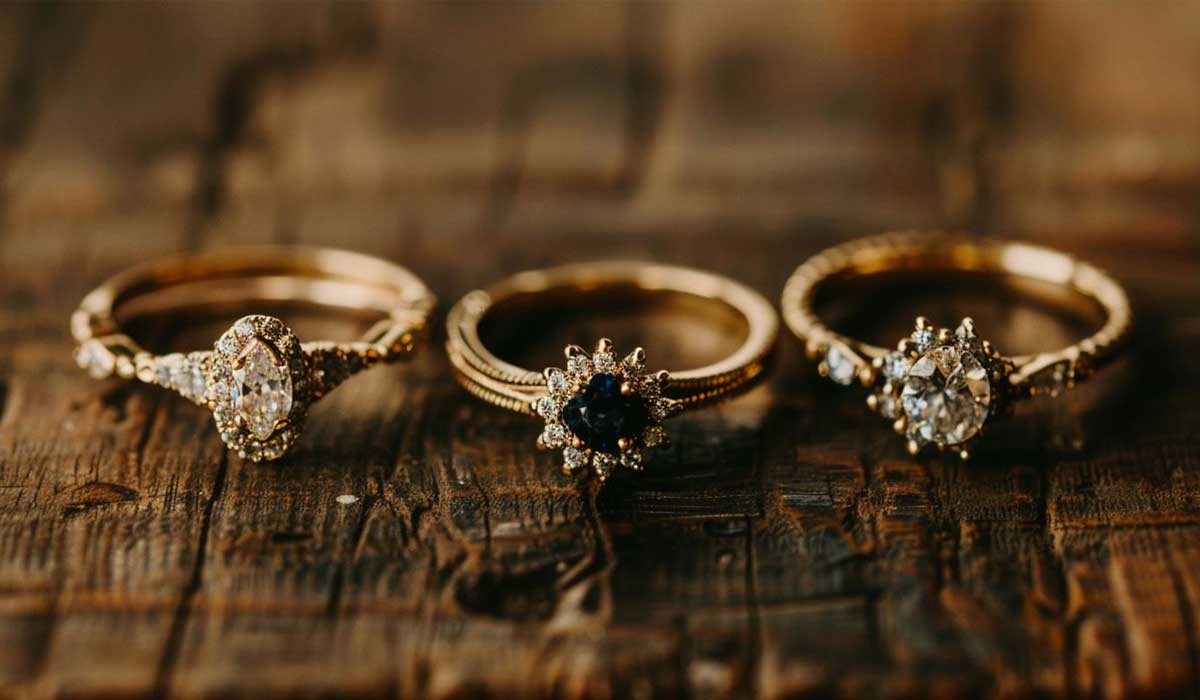 Three gold rings with gemstone settings rest on a wooden surface, each featuring a distinct design and central stone.