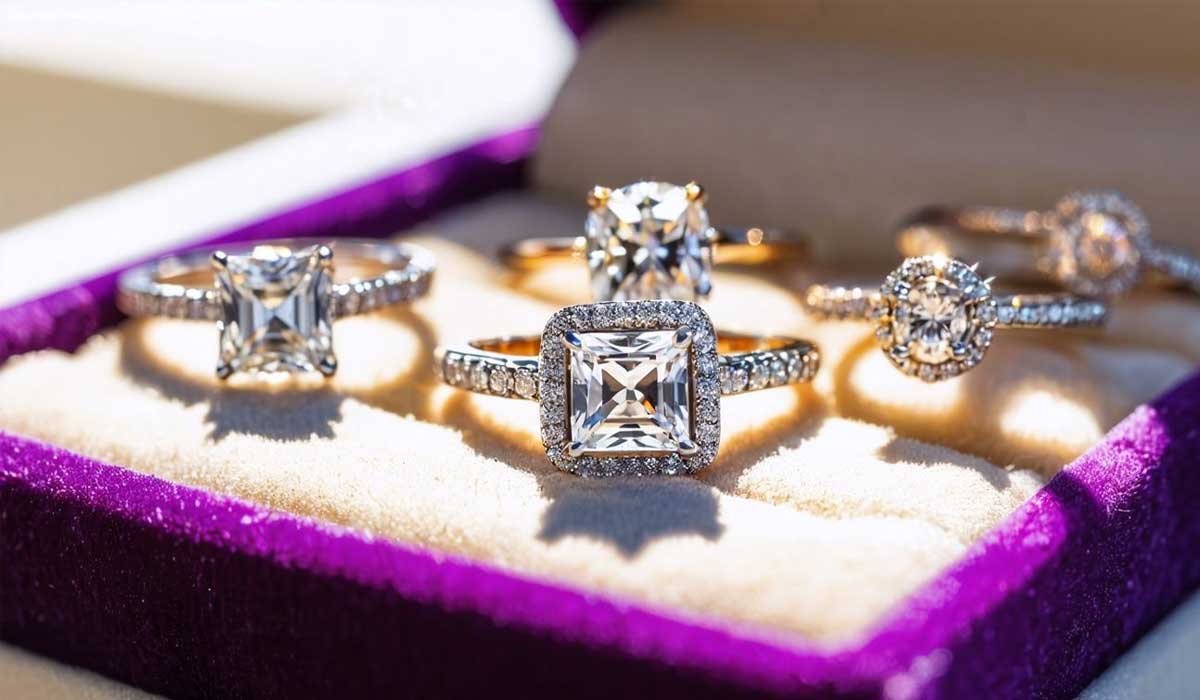 Four diamond rings with gold bands are displayed in a purple velvet jewelry box, each featuring a different diamond cut and setting.