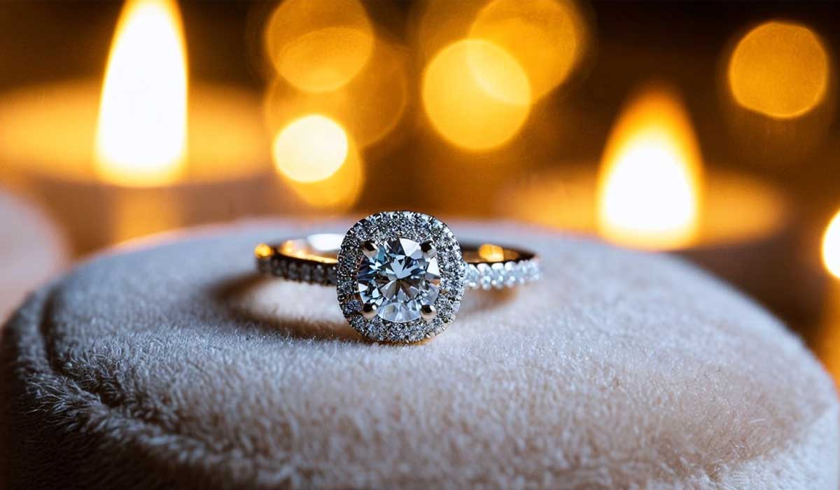 A diamond engagement ring with a halo setting sits on a soft surface, with blurred candles and warm lights in the background.