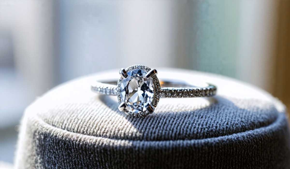 A silver ring with a large oval-shaped diamond center stone and a band encrusted with smaller diamonds rests on a gray fabric surface.