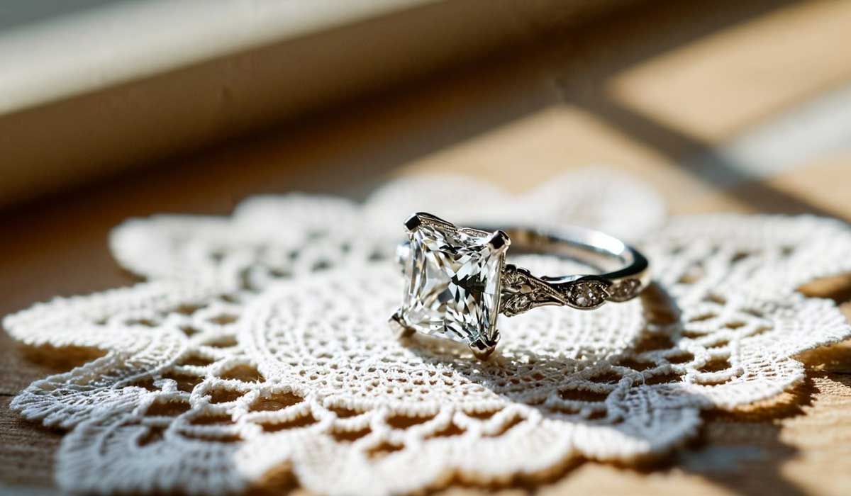 A silver engagement ring with a large square-cut diamond rests on a white lace doily in sunlight.