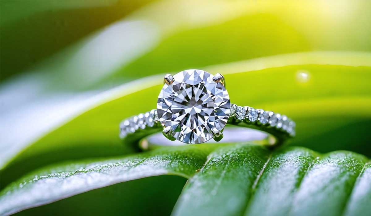 A diamond engagement ring with a round center stone and smaller diamonds on the band rests on green leaves with sunlight in the background.