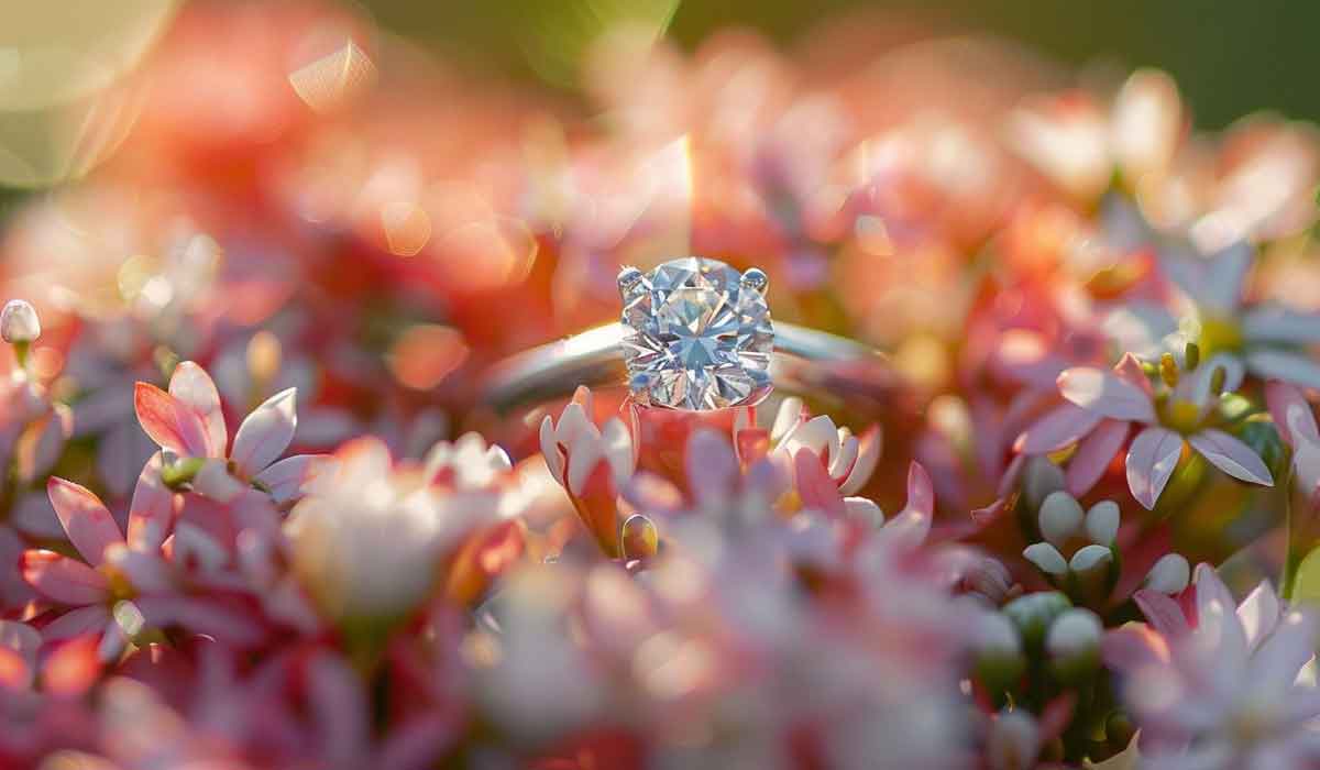 A diamond ring with a silver band is placed among clusters of small pink and white flowers, with sunlight creating a soft, blurred background.