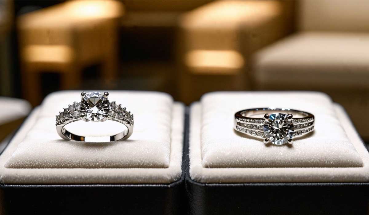 Two diamond rings are displayed side by side on white cushioned stands, set against a softly lit background.