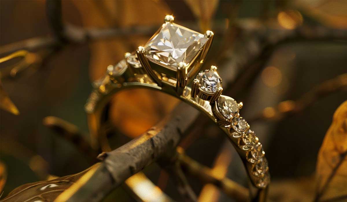 A gold ring with a large square-cut diamond centerpiece and several smaller round diamonds along the band, set against a blurred natural background.