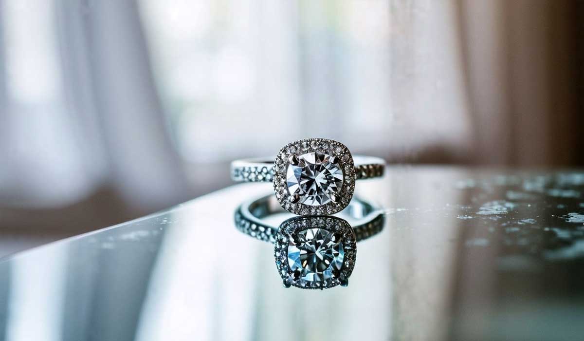 A diamond engagement ring with a halo setting is displayed on a reflective surface, capturing light and detail from the surrounding area.
