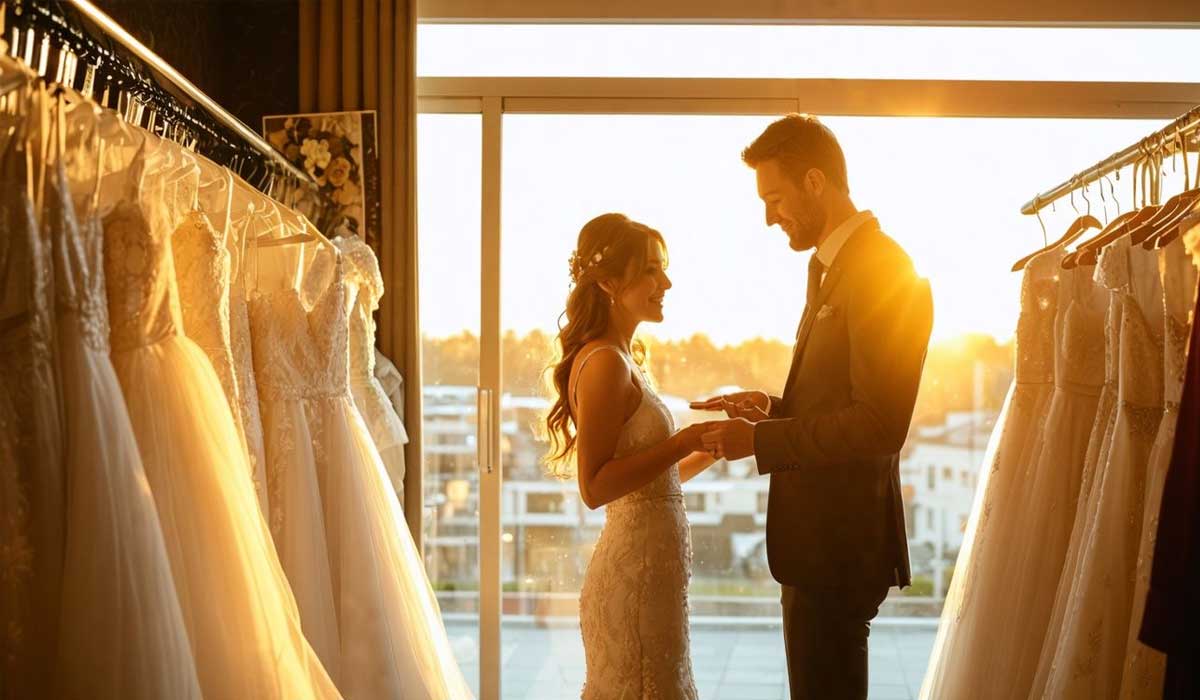 A bride and groom stand facing each other in a bridal shop at sunset, surrounded by wedding dresses on racks.