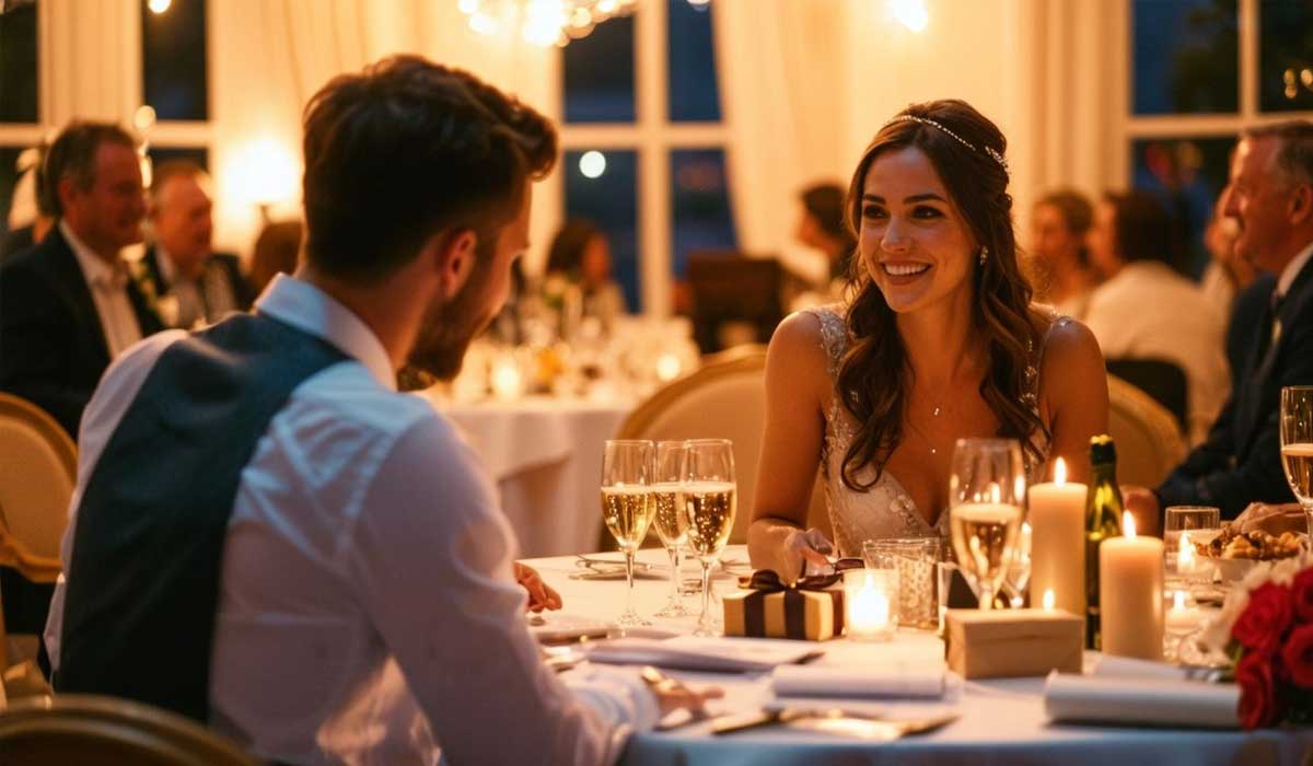 A bride and groom sit at a decorated table, smiling and talking during a wedding reception with guests seated in the background.