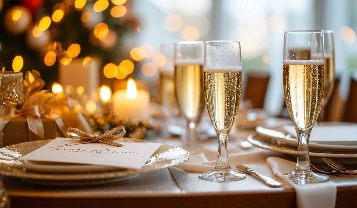 A festive table setting with plates, glasses of champagne, candles, and holiday decorations in a warmly lit room.