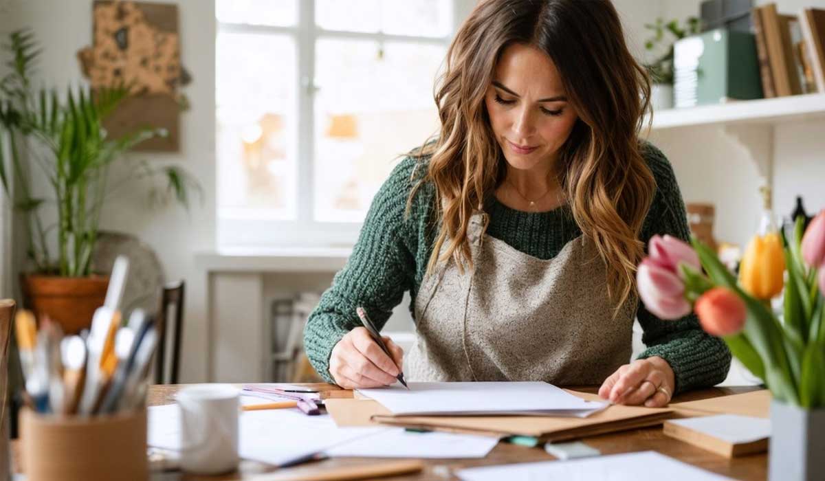 A woman sits at a desk, writing on paper with a pen. Art supplies, papers, and a vase of tulips are on the table. A bright window and plants are visible in the background.