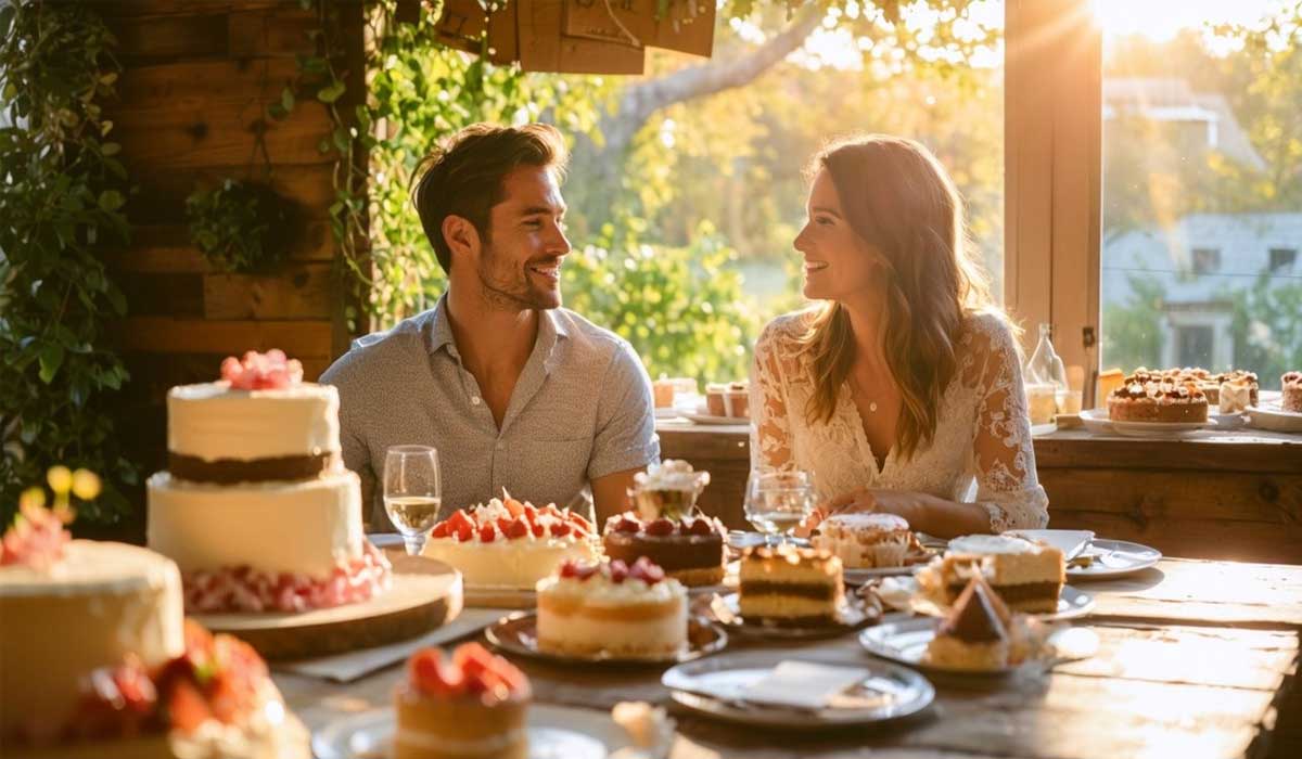 A man and woman sit at a wooden table covered with cakes and desserts, smiling at each other in a sunlit, cozy setting.