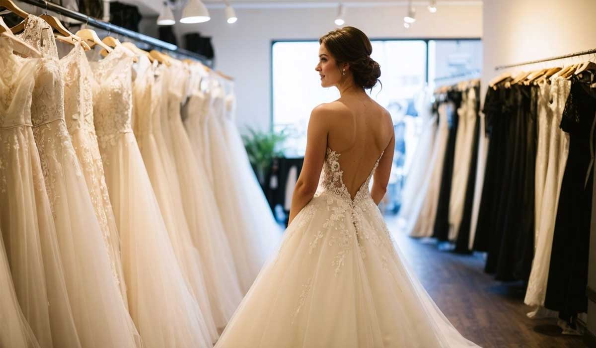 A woman in a white wedding dress stands in a bridal shop, surrounded by wedding gowns hanging on racks, with natural light coming through a window.