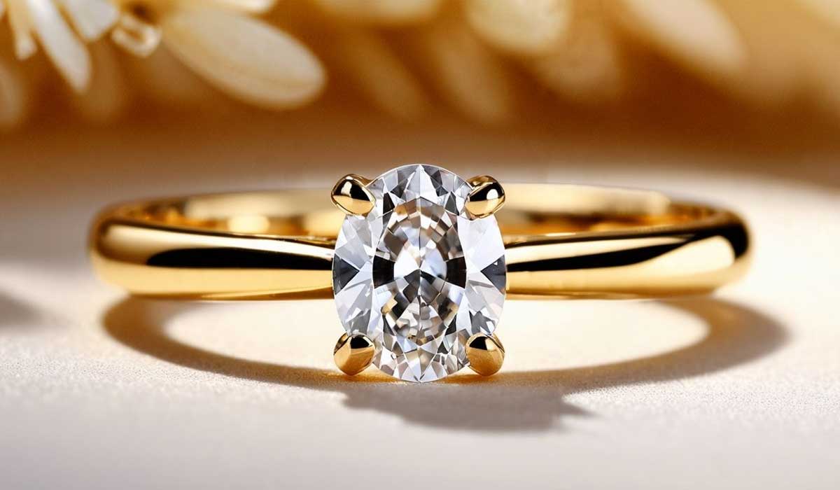 A gold ring with a single oval-cut diamond set in a four-prong setting, displayed on a pale surface with a soft background.
