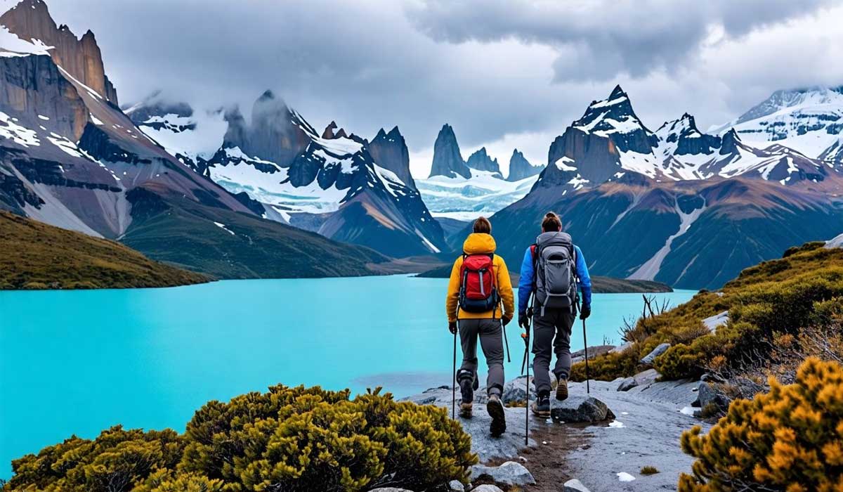 Two hikers with backpacks walk on a trail beside a bright blue lake, surrounded by rugged snow-capped mountains under a cloudy sky.