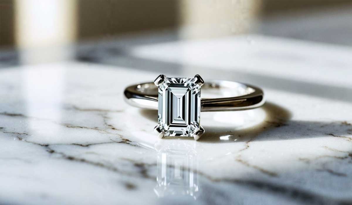 A solitaire emerald-cut diamond ring with a silver band is displayed on a white marble surface, with natural light casting shadows.