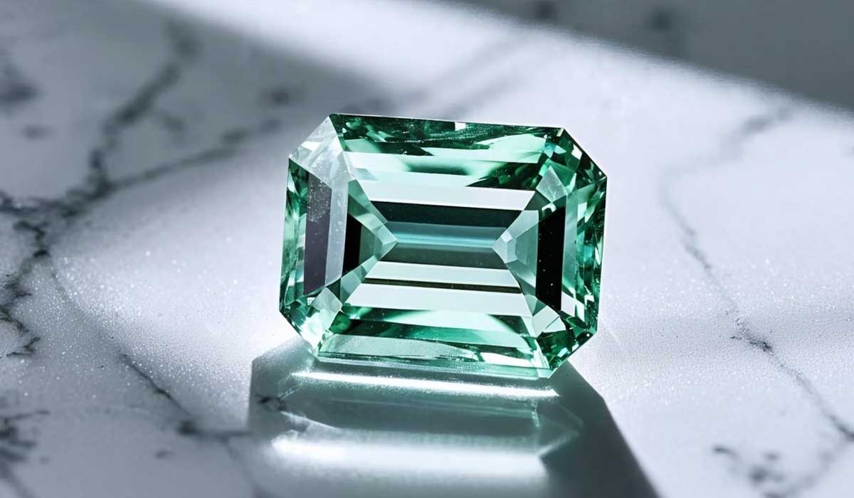An emerald-cut green gemstone rests on a white marble surface with gray veining, illuminated by natural light.