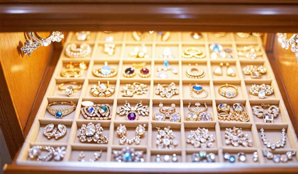 A wooden drawer filled with assorted gold and gemstone jewelry, including rings, earrings, and brooches, neatly arranged in individual compartments.