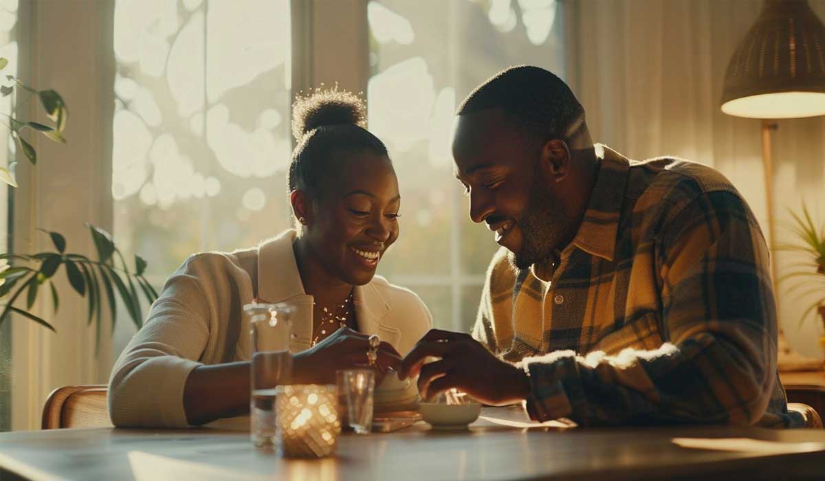 A couple sits together at a table, smiling and sharing food in a sunlit room with plants and candles nearby.