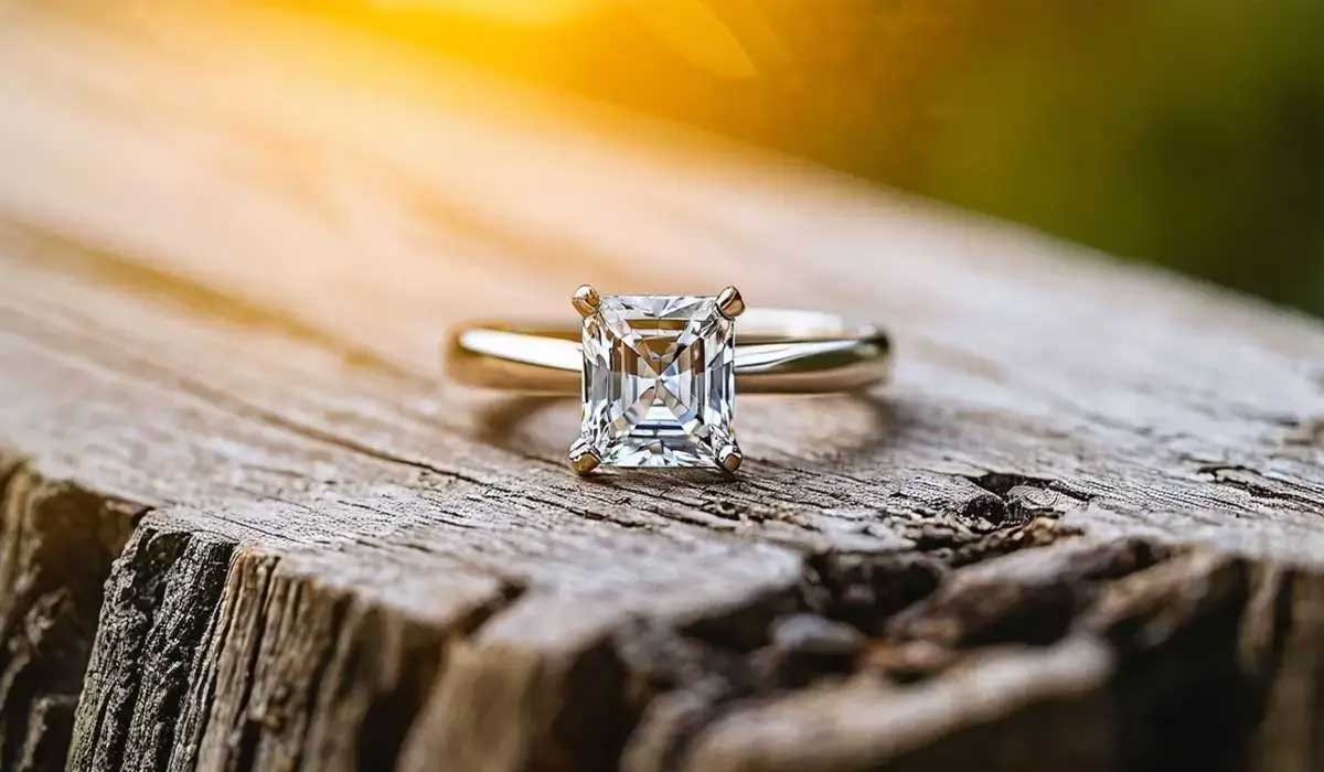 A silver ring with a square-cut diamond is displayed on a weathered wooden surface outdoors, with sunlight in the background.