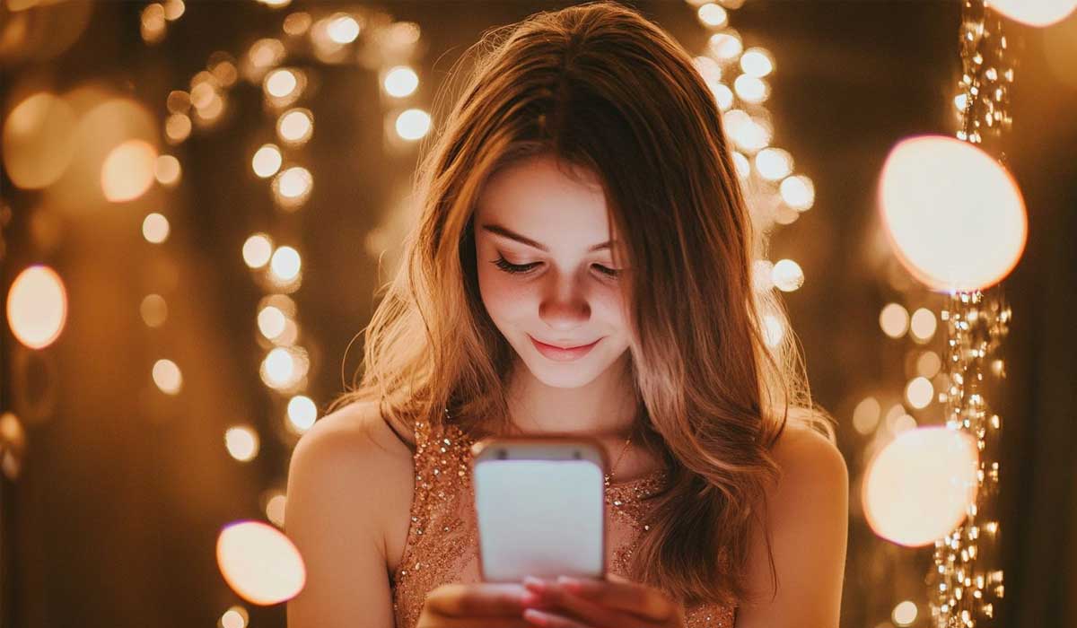 Young woman in a sparkly dress looks at her smartphone, surrounded by blurred warm lights in the background.