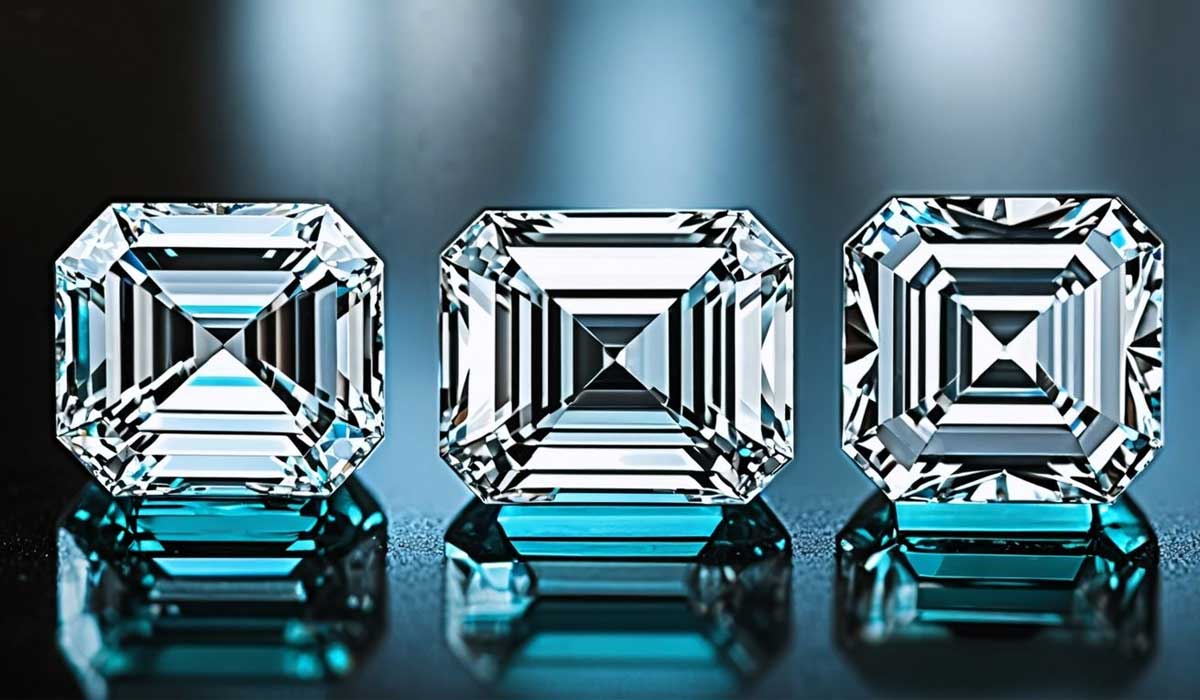 Three emerald-cut diamonds are arranged side by side on a reflective surface with a blurred blue and black background.