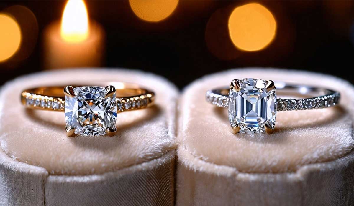 Two diamond engagement rings with square-cut stones and gold bands are displayed on cushioned stands, with a blurred candle and lights in the background.
