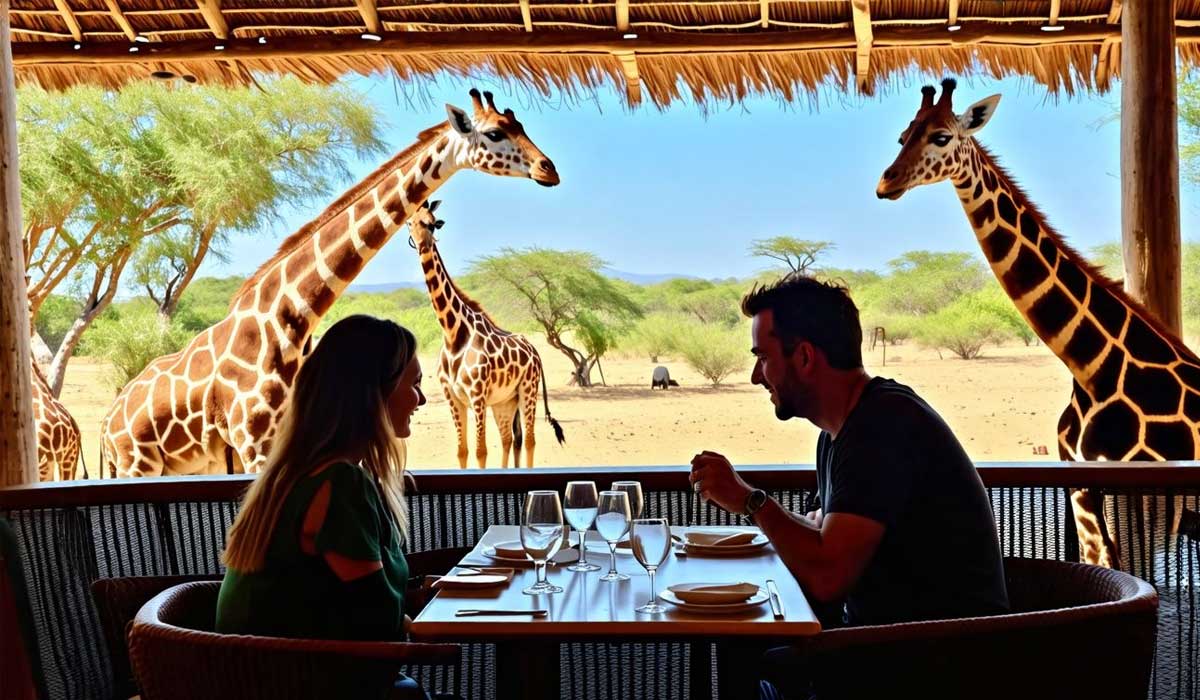 Two people dine at an outdoor table while several giraffes stand nearby under a thatched roof in a sunny, savanna-like setting.