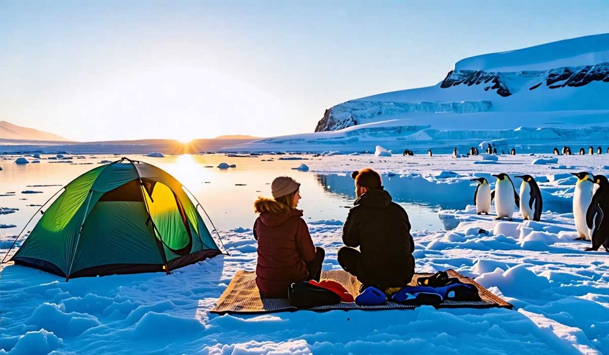 Two people sit on a blanket beside a tent on snowy ground near a lake at sunset, with a group of penguins and icy mountains in the background.