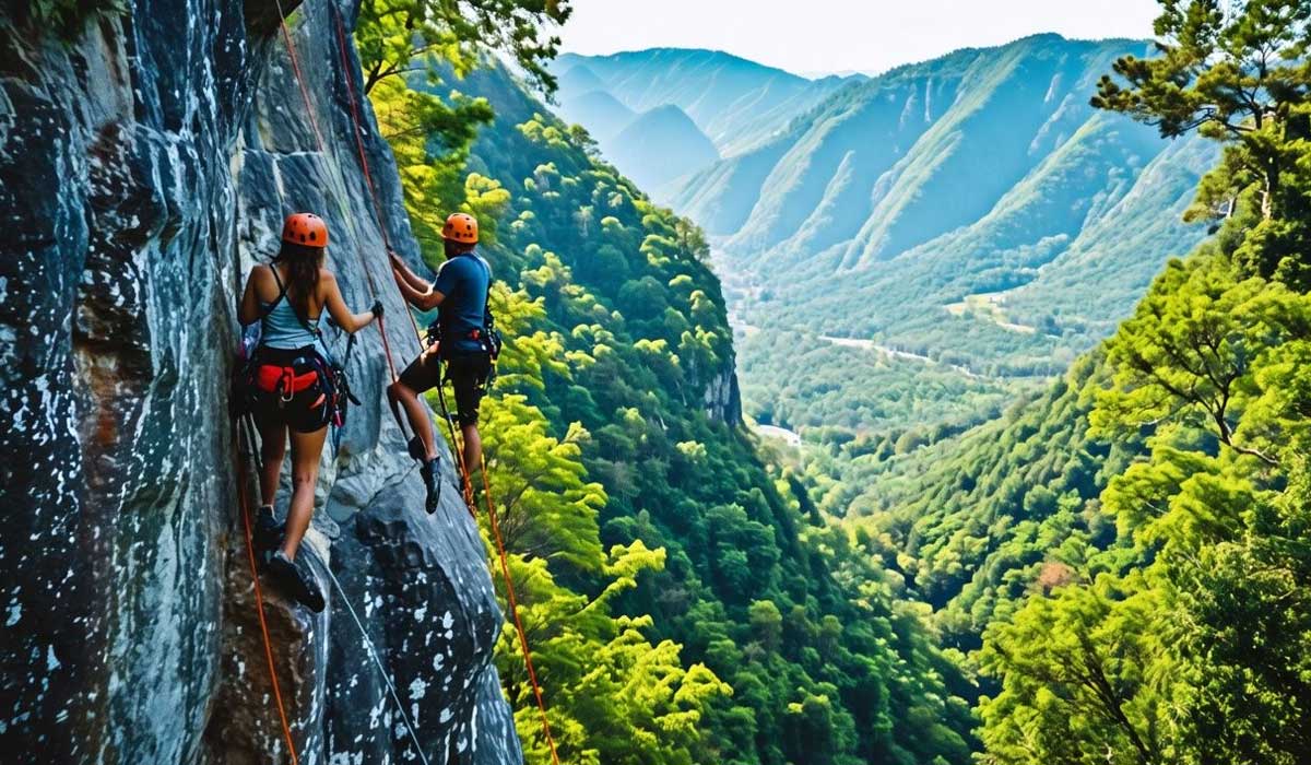 Two people wearing helmets and harnesses climb a steep rock face, surrounded by green forested mountains under a clear sky.
