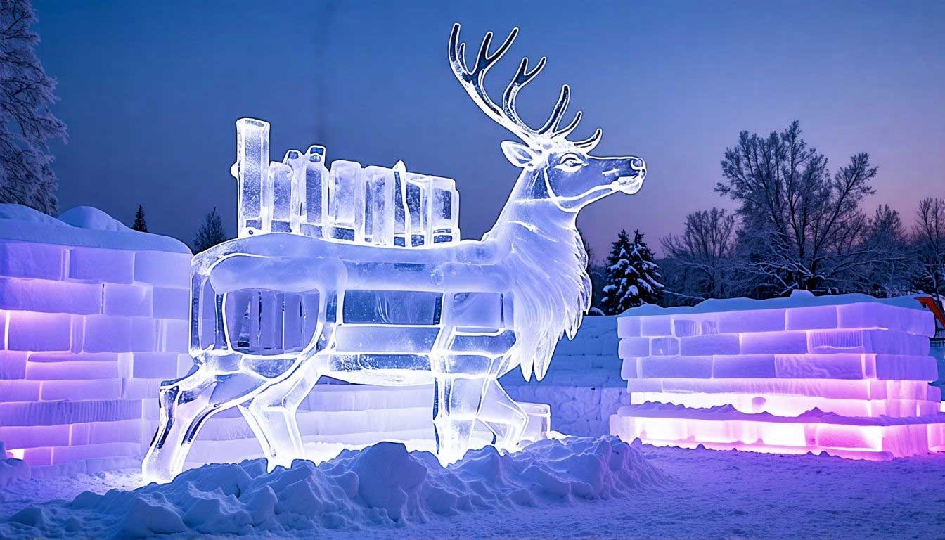 Large ice sculpture of a reindeer with antlers is displayed outdoors in a snowy area, illuminated by purple and blue lights at dusk. Snow and ice blocks surround the sculpture.