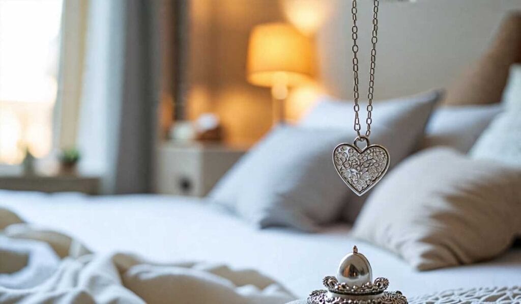 A silver heart-shaped pendant on a chain hangs in focus, with a blurred bed, lamp, and cozy bedroom scene in the background.