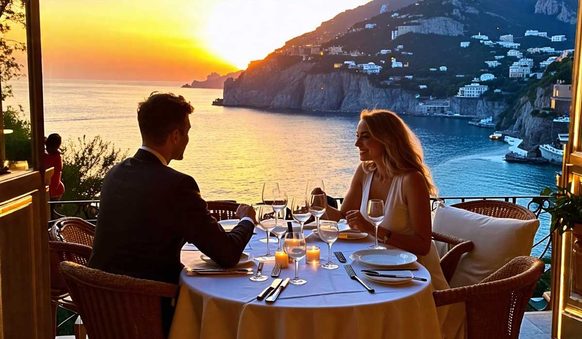 A man and woman sit at a table set for dinner on a balcony overlooking the sea and coastal cliffs at sunset.