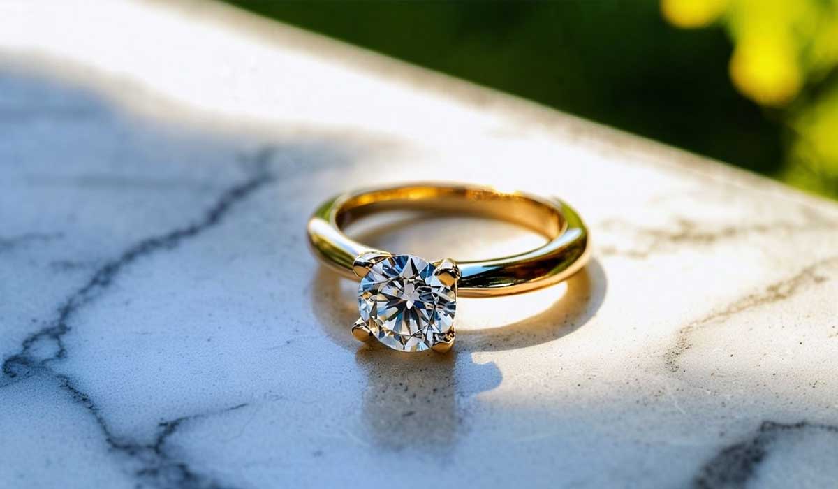 A gold ring with a round-cut diamond solitaire rests on a white marble surface, with sunlight casting a shadow and greenery blurred in the background.