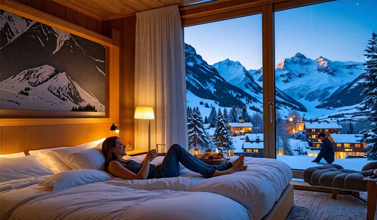 A woman lounges on a bed in a cozy room with large windows overlooking snowy mountains, pine trees, and a winter village at dusk.