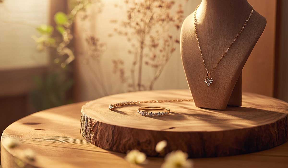 Gold necklace with a floral pendant displayed on a stand next to a matching bracelet and ring on a wooden surface with a blurred background.