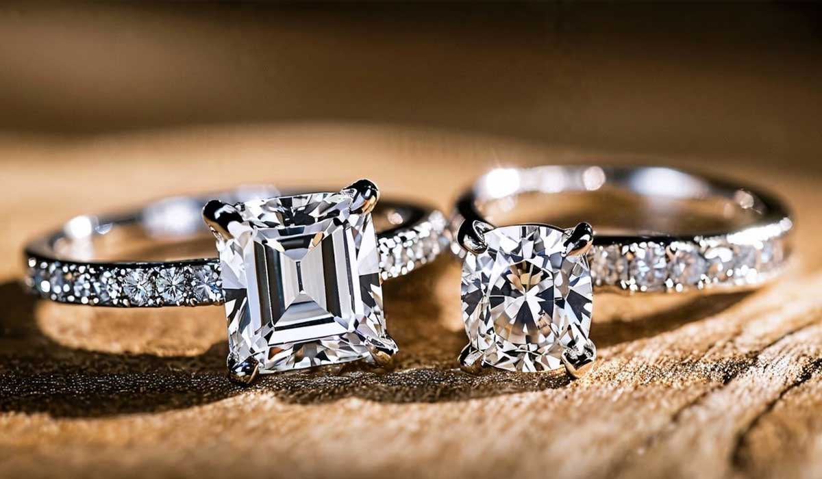 Two diamond engagement rings with silver bands are displayed on a wooden surface. One ring features a square-cut diamond; the other has a round-cut diamond. Both bands are accented with smaller stones.