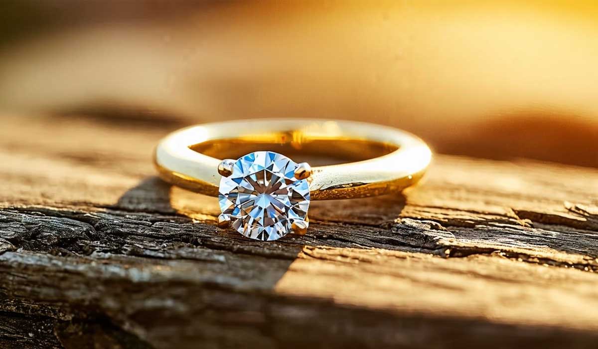 A gold engagement ring with a round solitaire diamond sits on a weathered wooden surface, illuminated by warm sunlight.