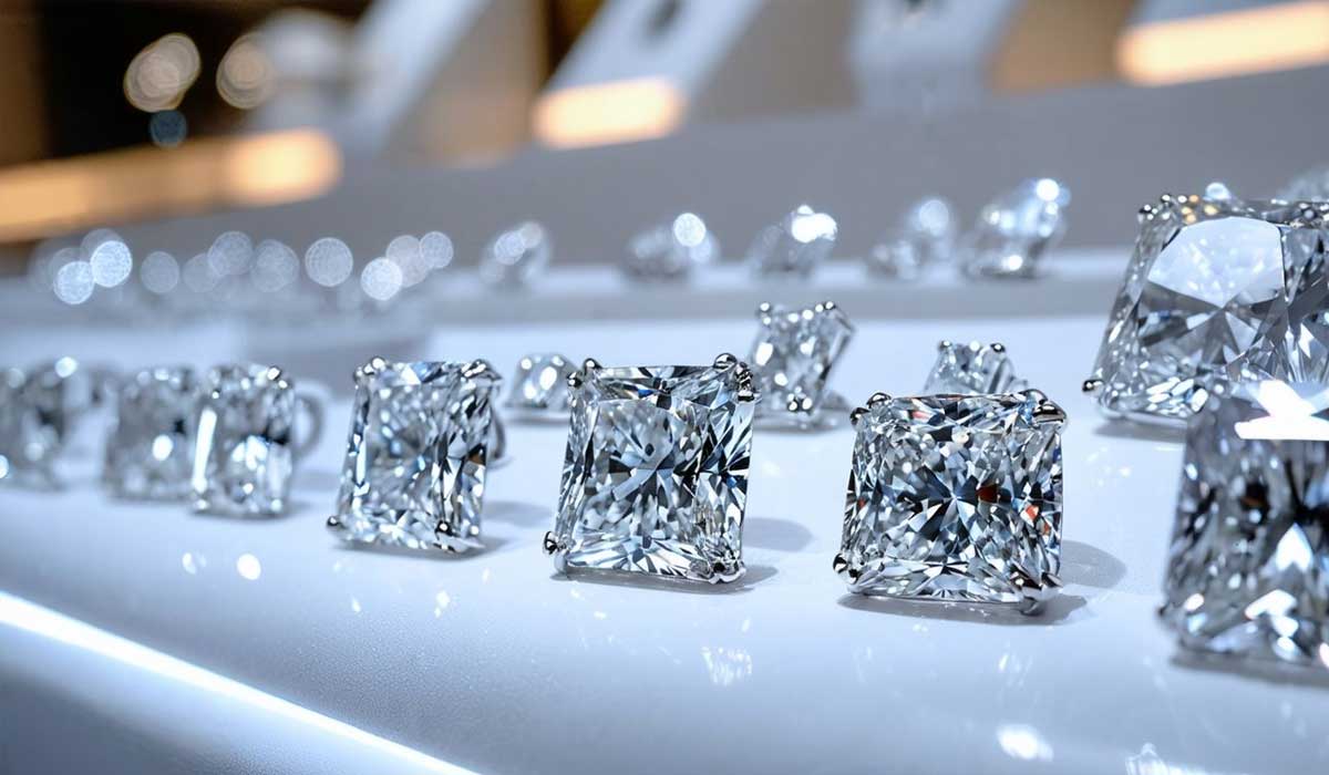 Multiple large, square-cut diamonds displayed in a well-lit jewelry showcase, each set in prong mountings and arranged in neat rows.