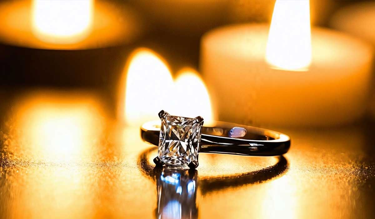 A diamond engagement ring with a square-cut stone rests on a reflective surface, surrounded by softly glowing candlelight in the background.
