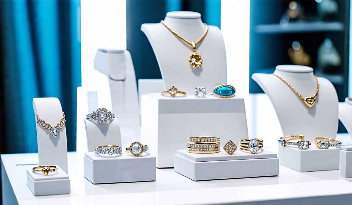 Display of gold and silver jewelry on white stands, including rings, necklaces, and bracelets, set against a blue backdrop.