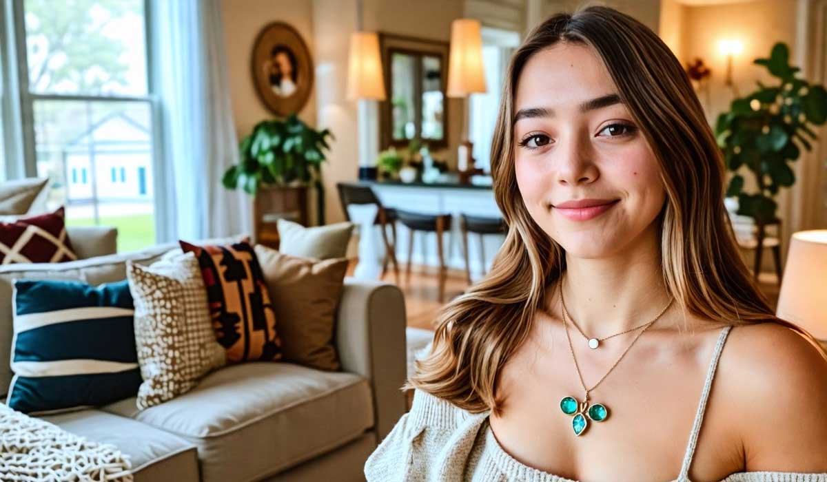 A woman with long hair and a green necklace smiles in a well-lit living room with plants, pillows, and a dining area in the background.