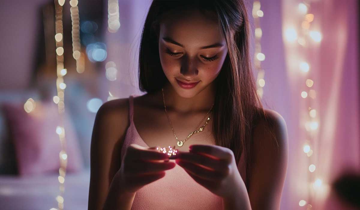 A young woman in a pink top looks down at a small string of lights in her hands, with soft pink and purple lighting and blurred fairy lights in the background.