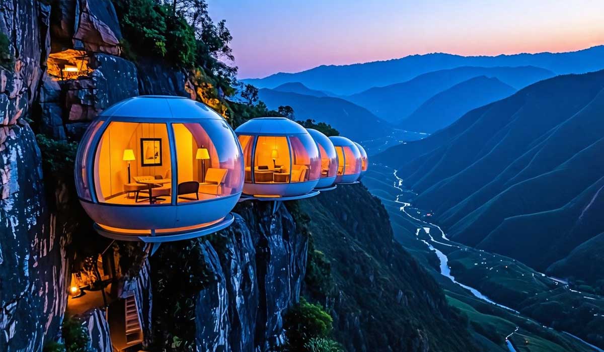 Spherical glass pods with glowing lights are attached to a cliffside overlooking a winding river and mountain valley at dusk.