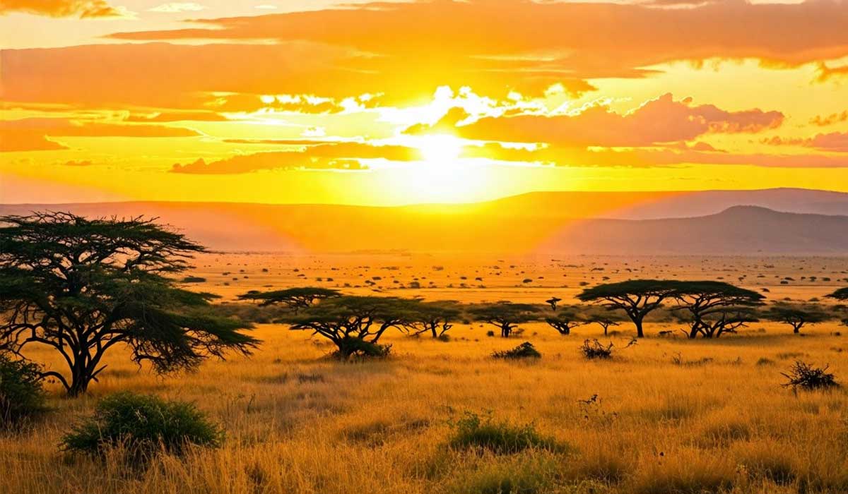 Sunset over an African savanna with scattered acacia trees, golden grass, and distant hills under a partly cloudy sky.