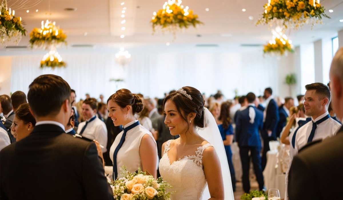 A bride in a white dress stands among guests at a wedding reception, with floral decorations and people socializing in a bright, elegant venue.