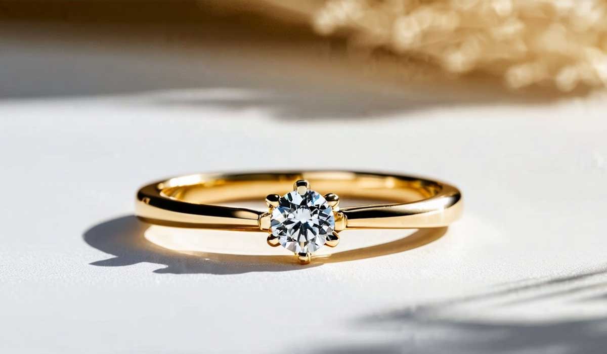 A gold ring with a single round diamond solitaire is placed on a white surface, with soft light and blurred beige elements in the background.