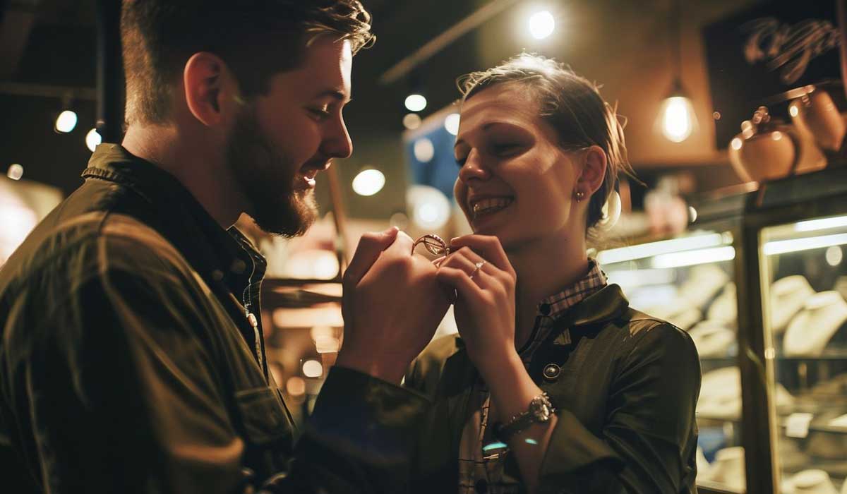 A man and a woman smiling and holding hands in a warmly lit indoor setting, possibly a café or bakery, with pastries visible in the background.