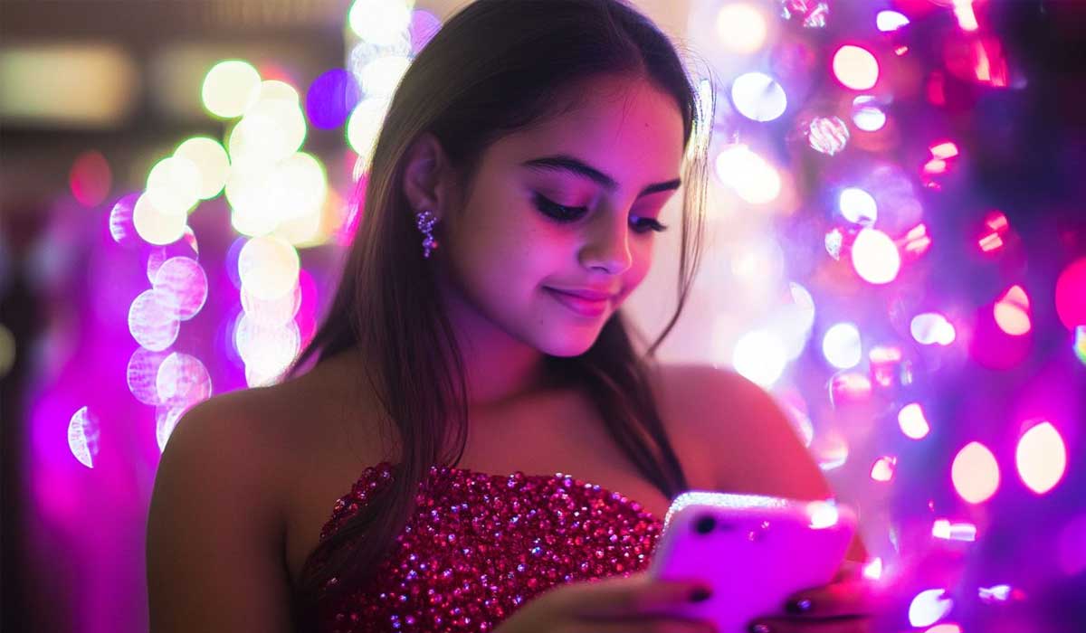 A young woman in a sparkly dress looks at her phone, surrounded by colorful, out-of-focus lights, creating a festive atmosphere.